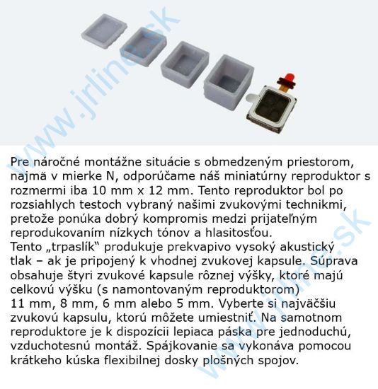 Obrázok pre 75/ESU50352 Reproduktor 10 mm x 12 mm x 3,5 mm, obdĺžnikový, 6 ohmov, so súpravou zvukových kapsúl